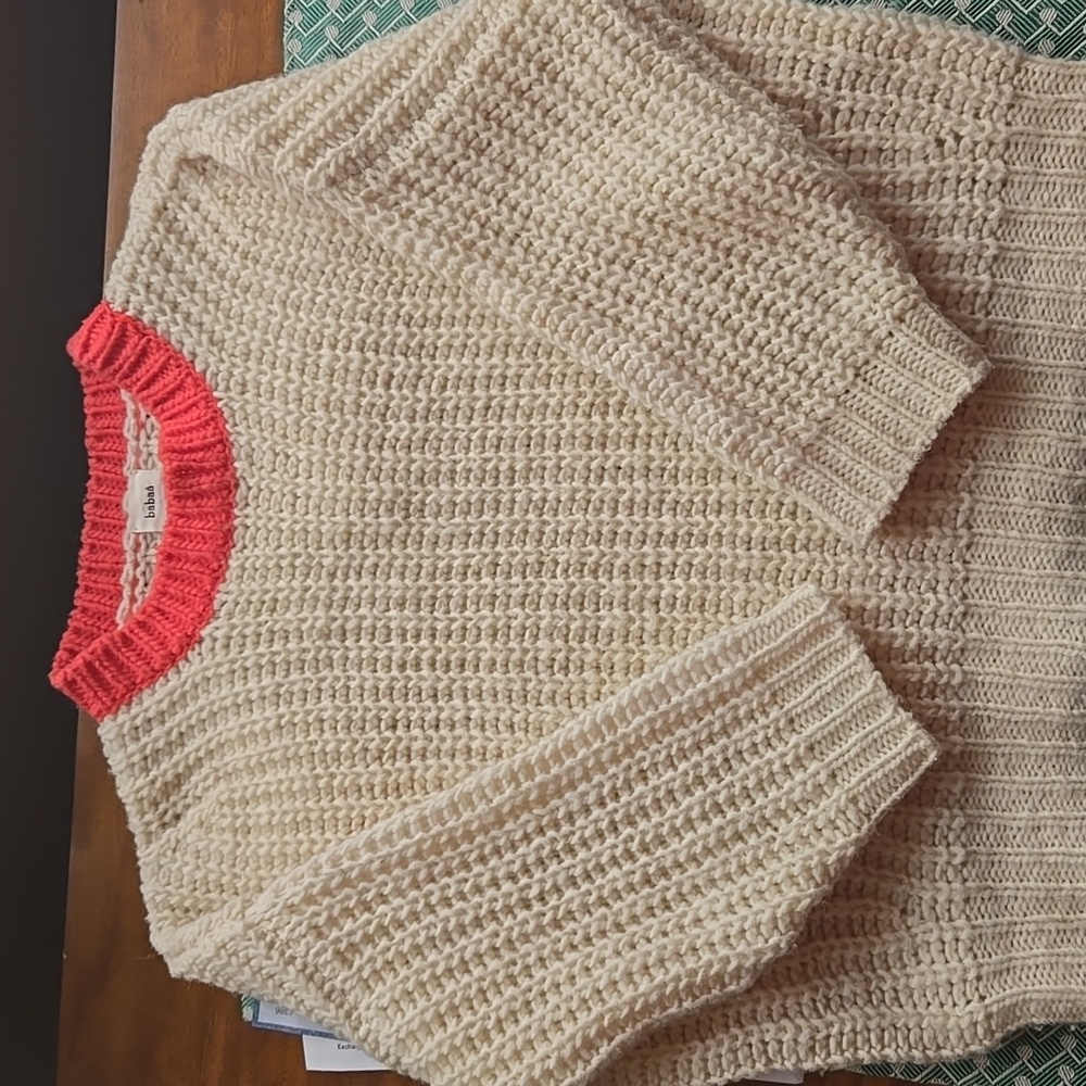RARE babaa Wool Cream Sweater with Coral Trim
